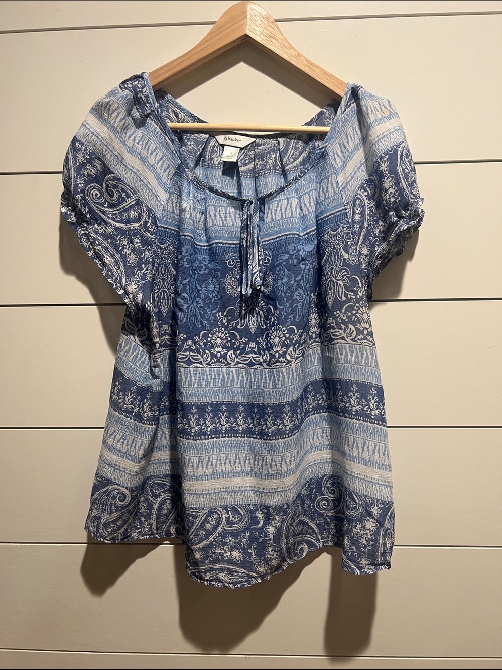 CJ Banks Blue and White Paisley Print Short Sleeve Peasant Top